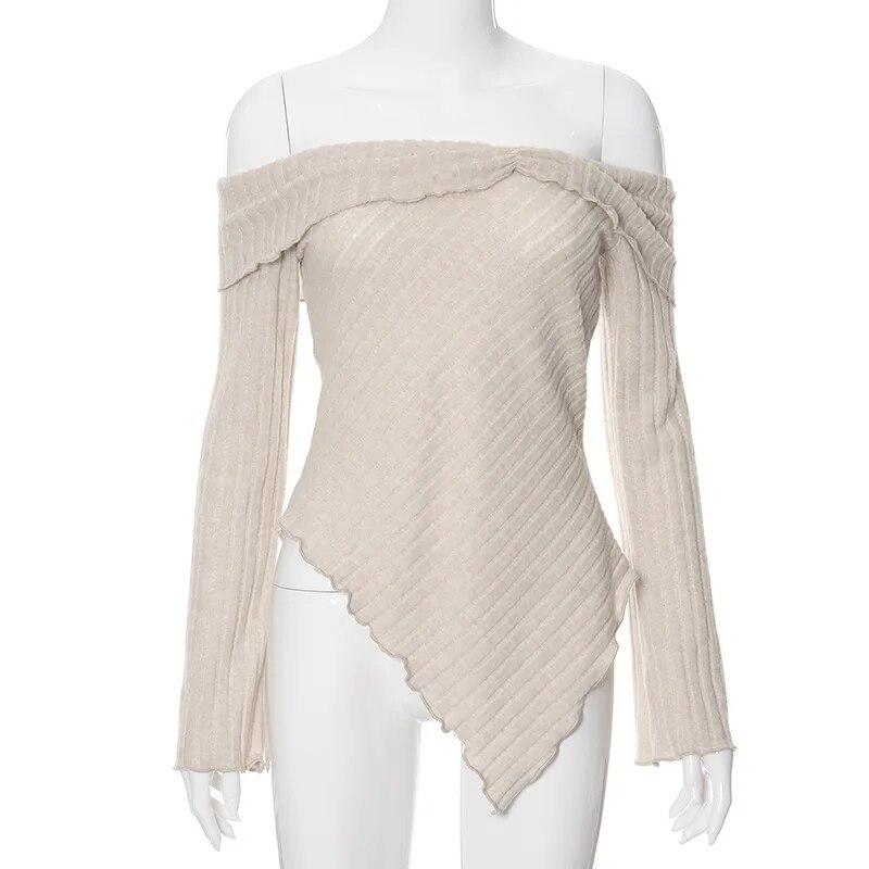 Off Shoulder Langermet Uregelmessig T-skjorter for kvinner Ryggløs Ruffled Elegante topper Mote T-skjorte Sexy T-skjorter for kvinner 30619