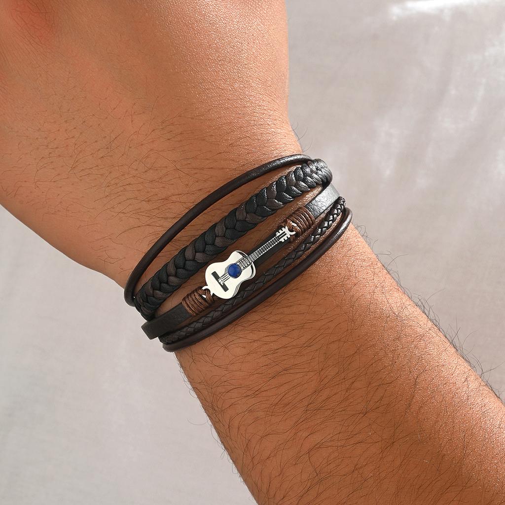 Multi Layer Minimalist Woven Men's Leather Bracelet European American New Magnetic Buckle Imitation Cowhide