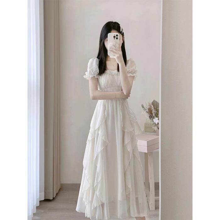 French square collar sweet gentle wind dress women's summer women's clothing waist thin ruffle edge long fairy skirt
