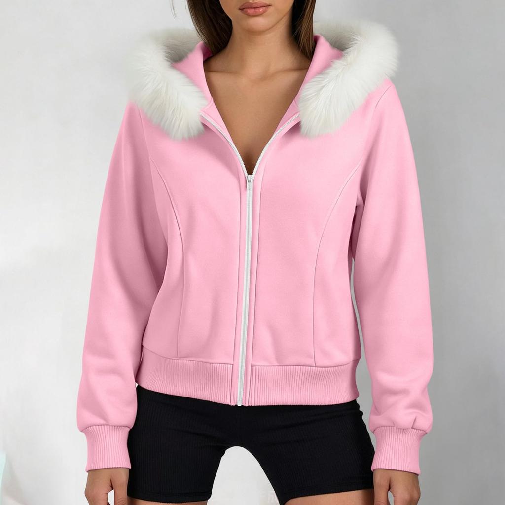 Women's Color Long Sleeve Hooded Zip Up Jacket with Pockets and Faux Collar