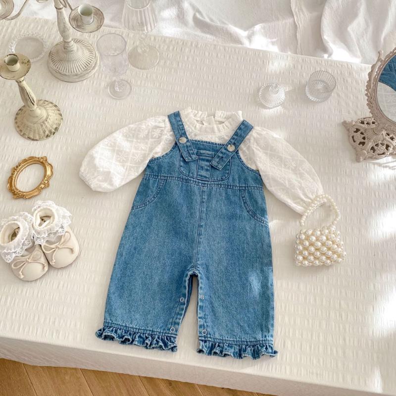 Kayoudo Toddler Girl Denim Overalls & Embroidered Top Set