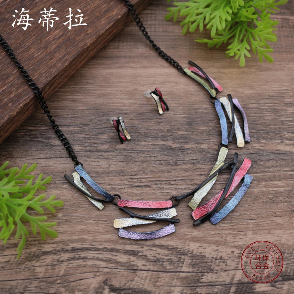 Luxury New Color Oil Irregular Line Stud Earrings Necklace Set, Women's Exaggerated Geometric Line Necklace