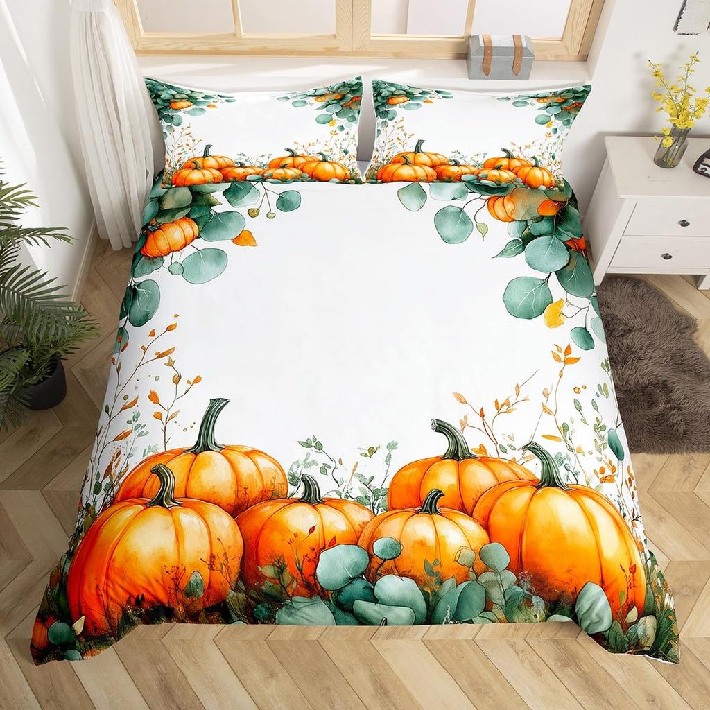 Autumn Pumpkin Soft Duvet Cover Ful Quen Fal Leaves Boho Floral Beding Set Farmhouse Harvest Home Decor,Thanksgiving Comfortable Quilt Cover