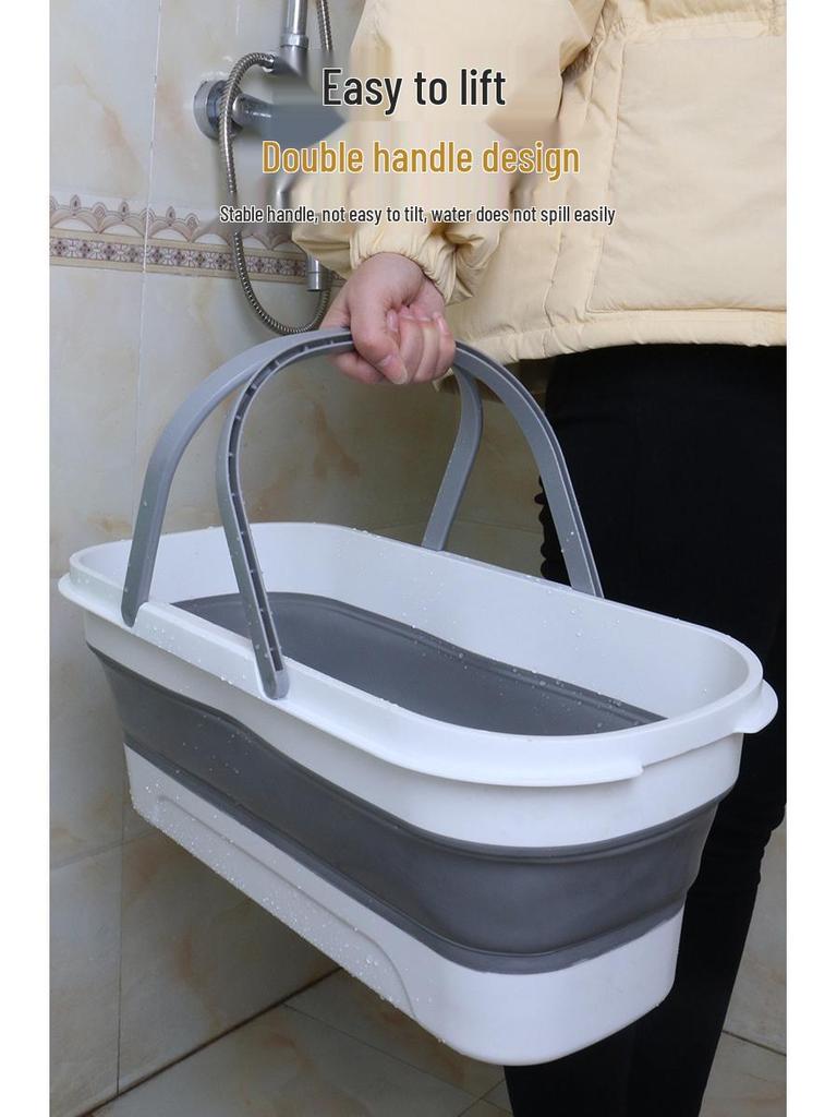 Foldable Rectangular Mop Bucket with Wheels and Handle - Portable Silicone Mopping Bucket