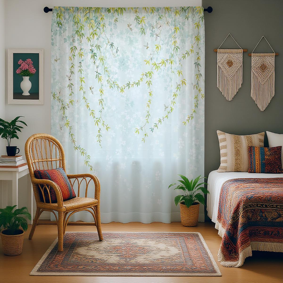 

Piece Fresh Plant Gradient Filter Light Semi Transparent Window Curtain Living Room Bedroom Blocking With Rod Pocket Polyester Ideal For W100*H70(CM)-Grommet top&1PCS