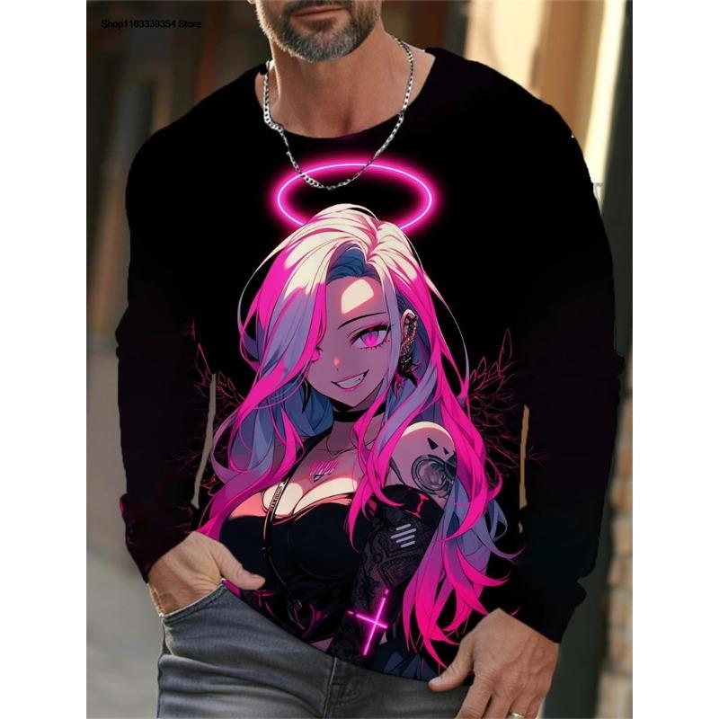 Anime Girl Graphic 3D Printed Top Casual Long Sleeved Men's T-shirts - Soft Medium Stretch Polyester Fabric Spring and Autumn Relaxed Fit Clothing