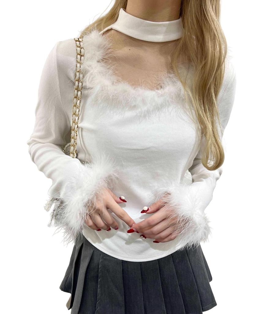 WEGO PHILLY Faux Fur Piping Long Sleeve Korean Size White T-Shirt, Style, Girly, Casual, Gift, Spring, Autumn, Winter, Women's, F,