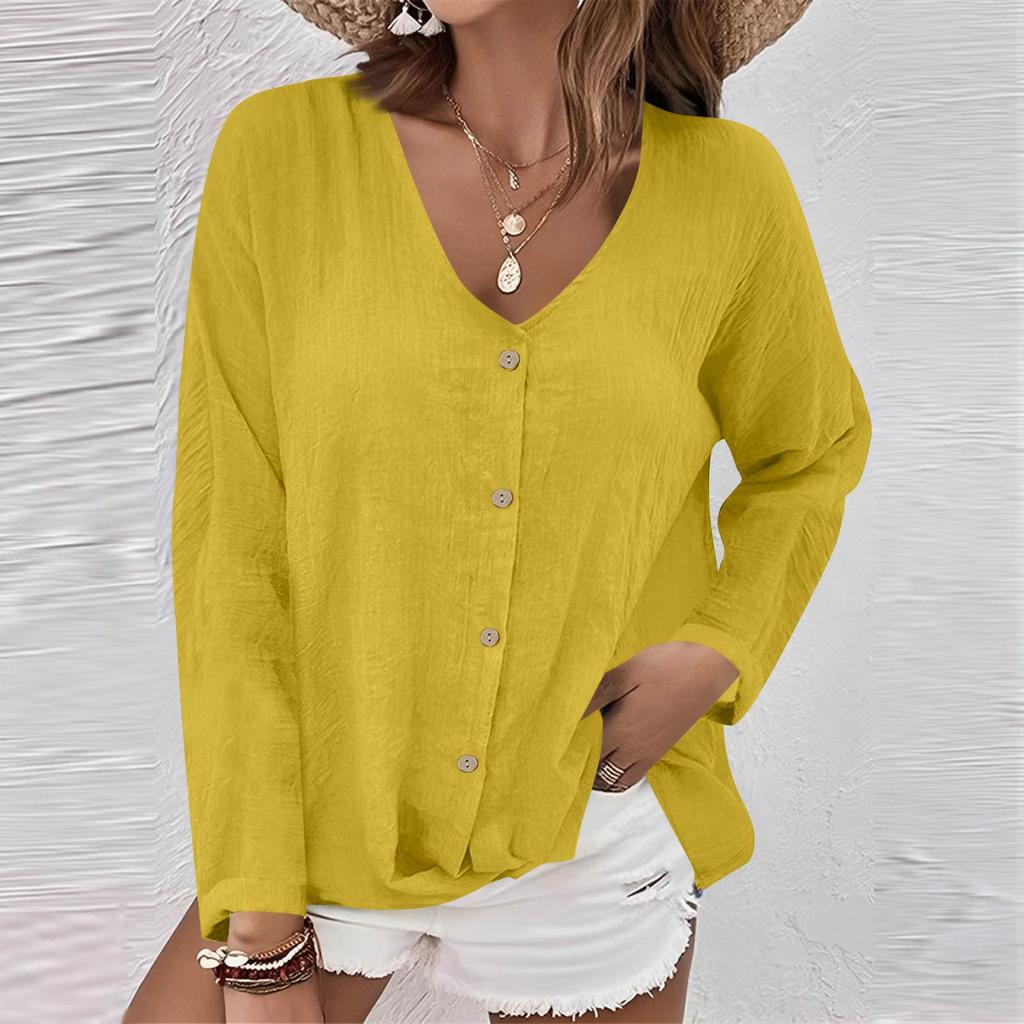 Women's Fashion Casual Solid Color V-Neck Live Button Long Sleeve T-Shirt Top