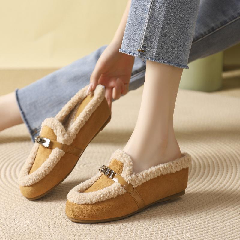 Cozy Ladylike Furry Slipper Mules with Metal Buckle & Hidden Heel - 2025 Autumn/Winter