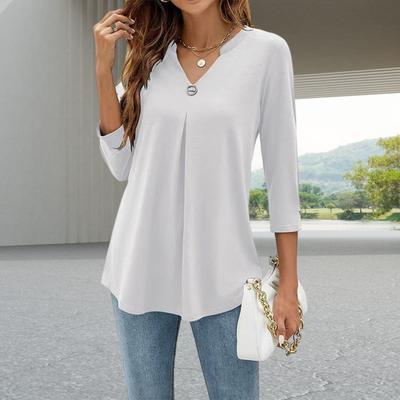 Tops Femininos Decote V Decoração de Botões Manga 3/4 Pulôver Tops Cor Sólida Camiseta Enrugada Estilo Casual Uso Diário