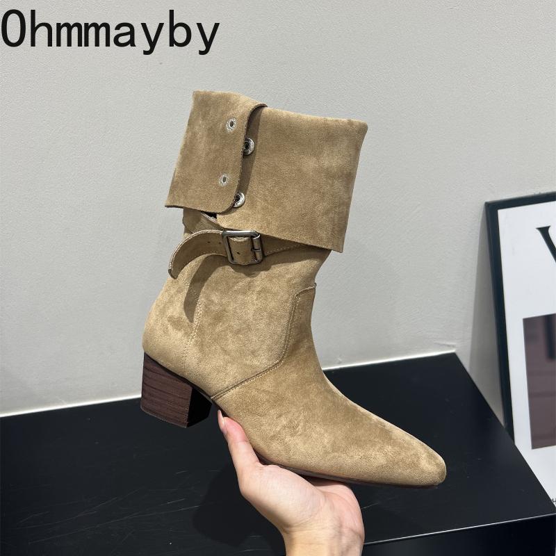 Winter Pointed Toe Suede Women High Boots Fashion Belt Buckle Slip On Shoes Concise Thick Heel Knight Long Booties