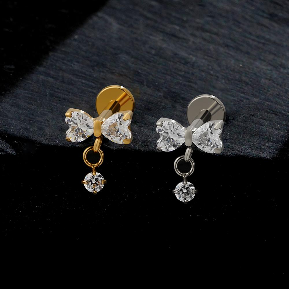 Right Grand ASTM F136 Titanium Bow Dangle CZ Piercing Labret Stud 16G Flat Back Helix Tragus Cartilage Earring Bridal Jewelry