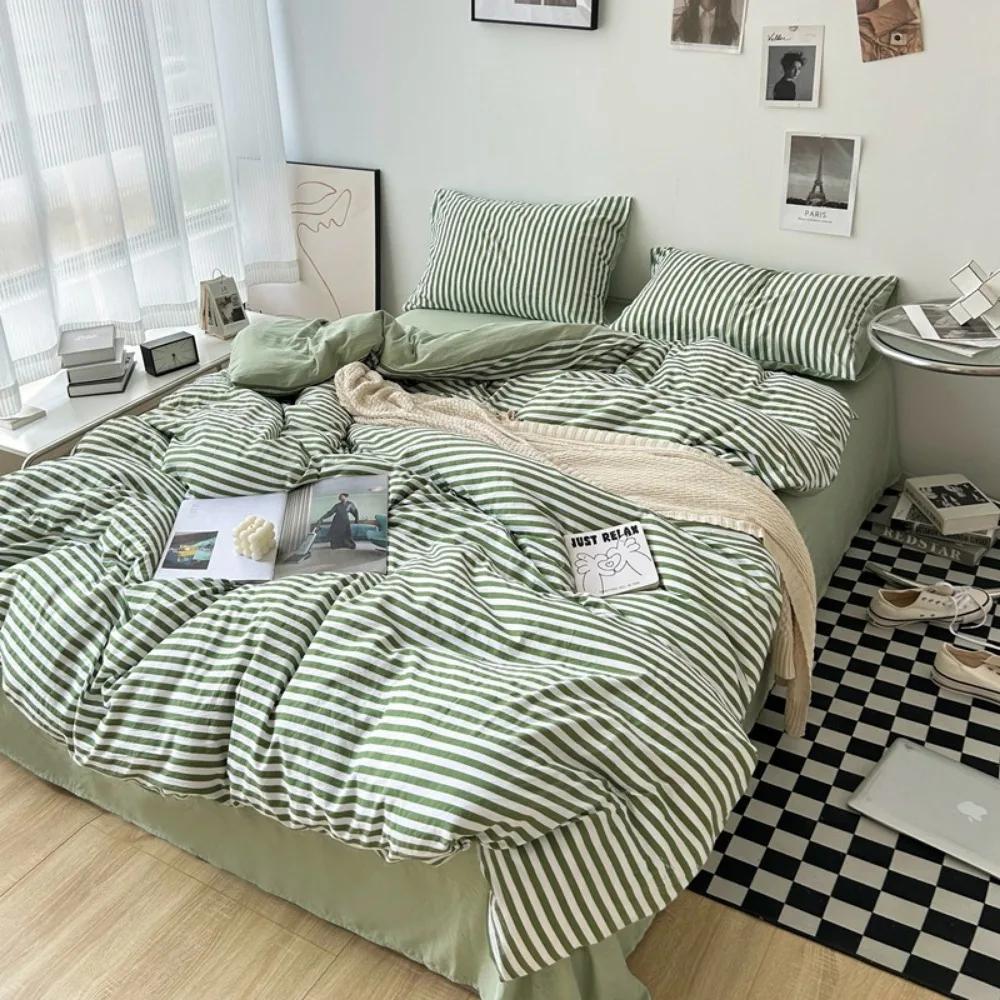 3/4PCS Striped Plaid Duvet Cover Set with Sheet 2Pillowcases Soft Skin Friendly No Filling Warm Twin Full Queen Size Bedding Set