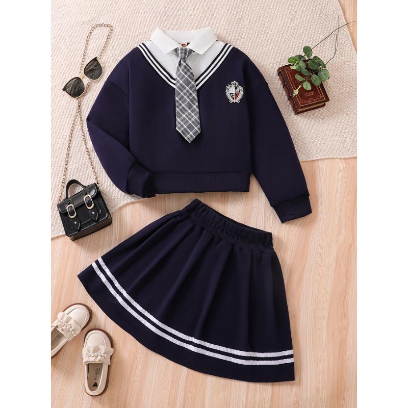[Campus Style Set] Two-Piece Set: Young Girl's Campus Style | Short Loose Version Long-Sleeved Sweatshirt Jacket + Striped Pleated Skirt with Tie