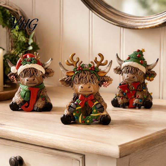 Stylish Home Decor Ornaments 3Pcs Christmas Highland Cow Figurine, Resin Yak Statues with JOY Letter Sign, Modern for Farmhouse Tabletop Ornaments,