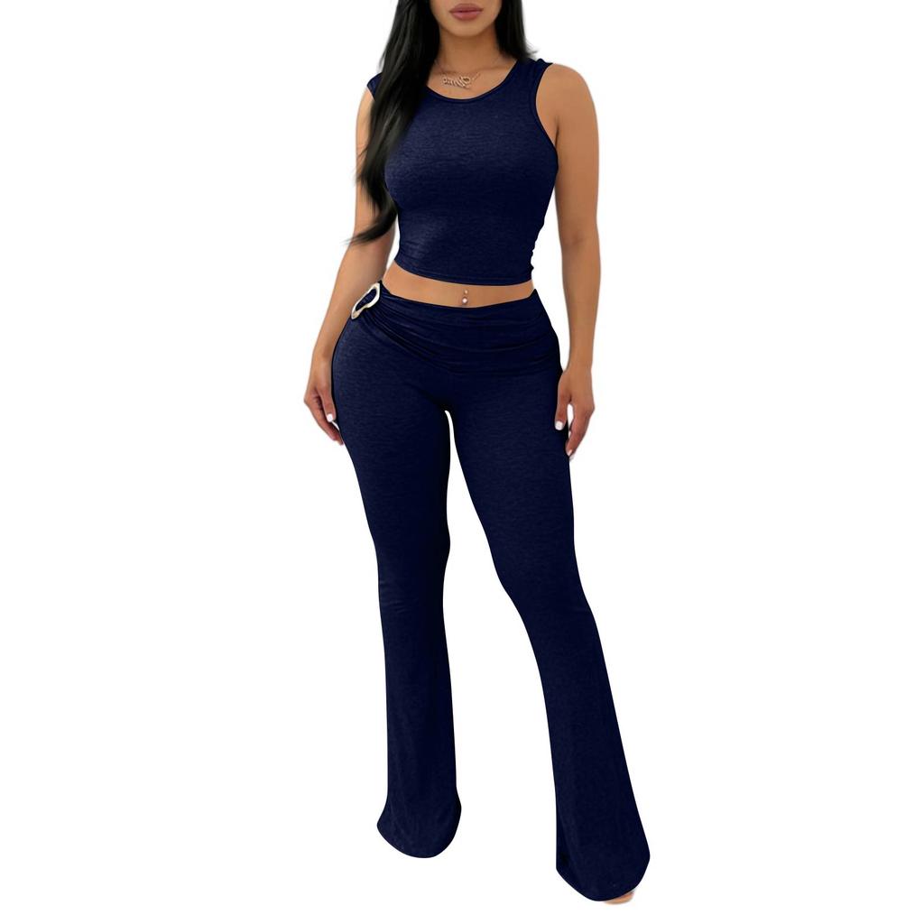Women's 2-Piece Set: Fashionable Casual Sleeveless Top With Fitted Hip Hugging Pants