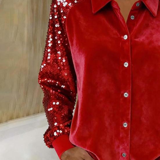 Yousheng Women Shirt Button-Down Lapel Long Sleeve Shirt Tops Solid Color Loose Fit Shiny Sequins Sleeve Velvet Shirt Cocktail Party Wear