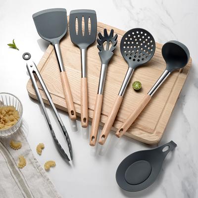 8 PCS Silicone Cooking Kitchen Utensil Set Wooden Handle Kitchen Baking Tools Kitchenware Accessories Storage Bucket