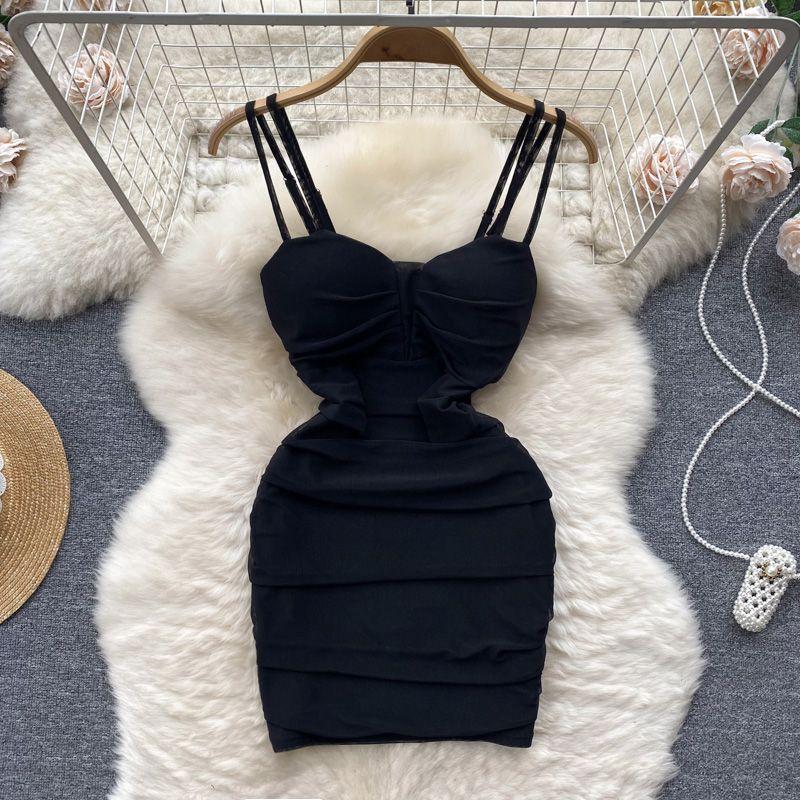 

Ruched Fancy Summer Slimming Sling Dress Black M