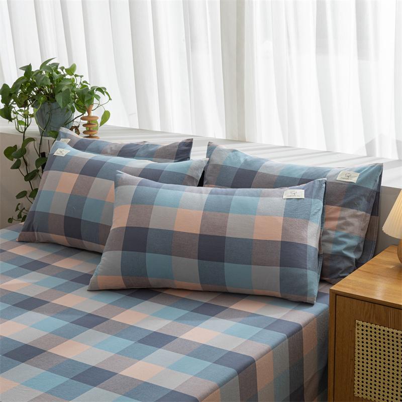 3Pcs 100% Cotton Simple Plaid Pattern Bed Sheet Set Skin-friendly Comfortable Geometric Printed Flat Sheet with Pillowcases