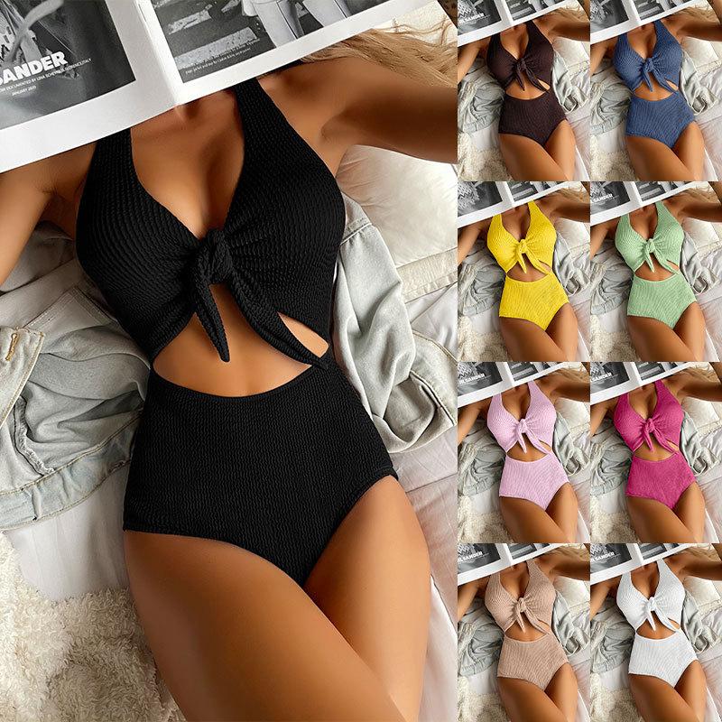 

Купальник Летний Сексуальный Женский Чистый Цвет Полый Спинки Цельный Галстук-Бабочку Купальный Костюм Купальники