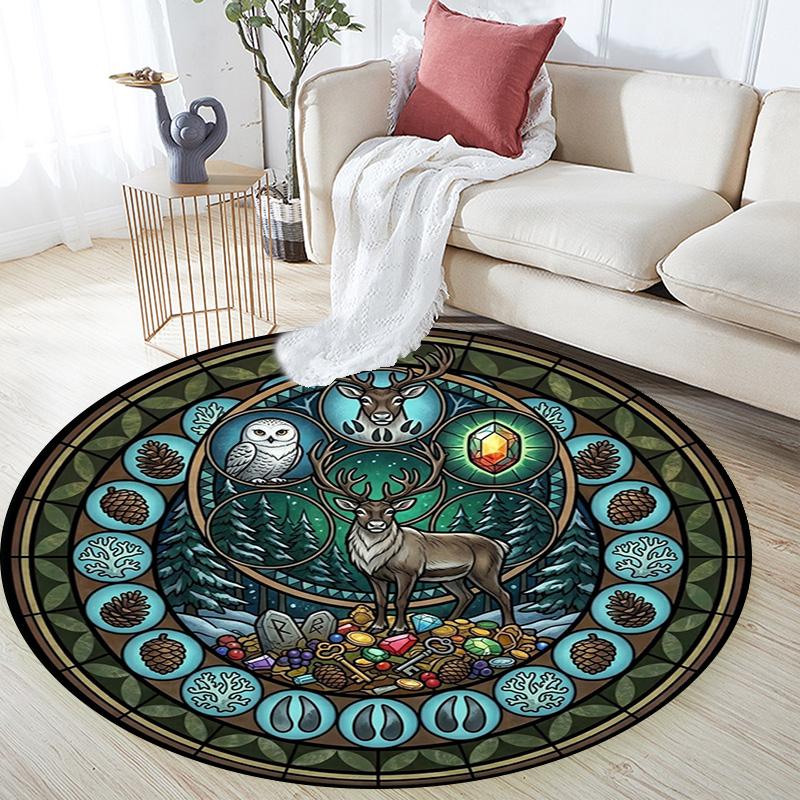 Forest Wildlife Glass Round Area Rug Under Office Chairs Bedroom Living Room Home Decor
