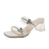 Fairy wind high-heeled slippers female summer wear 2025 new transparent rhinestone one-word drag crystal thick-heeled cool slippers