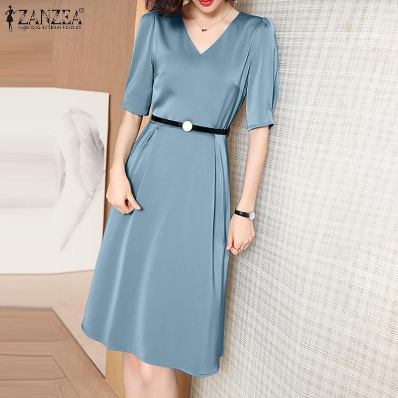 

ZANZEA Летнее повседневное атласное платье с v-образным вырезом и короткими рукавами и тонкой талией