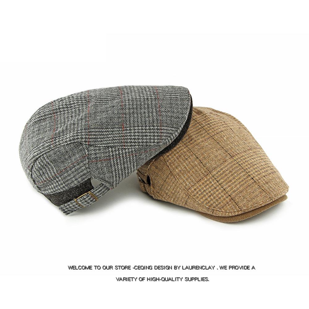 Vintage Hat Men's British Plaid Wool Beret Velvet Thick Warm Peaked Cap
