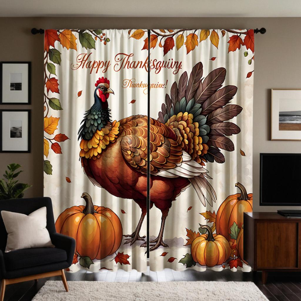 2pcs HD Thanksgiving Rooster Pumpkin Decorative Curtain Yellow Tie Digital Printed Curtain Home Decor Style Decoration Living