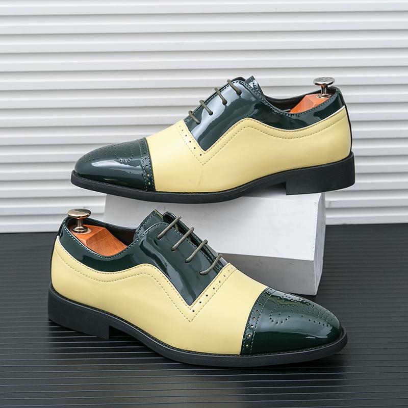Fashion Block Shoes Men Yellow Green Patent Leather Spliced British Style Lace Up Business Office Brand Formal Shoe Size 38-46 Men Shoes