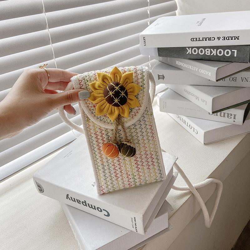 Damen Strandurlaub Umhängetasche: Gewebtes Baumwollseil Blumendesign für Handy & Münzen