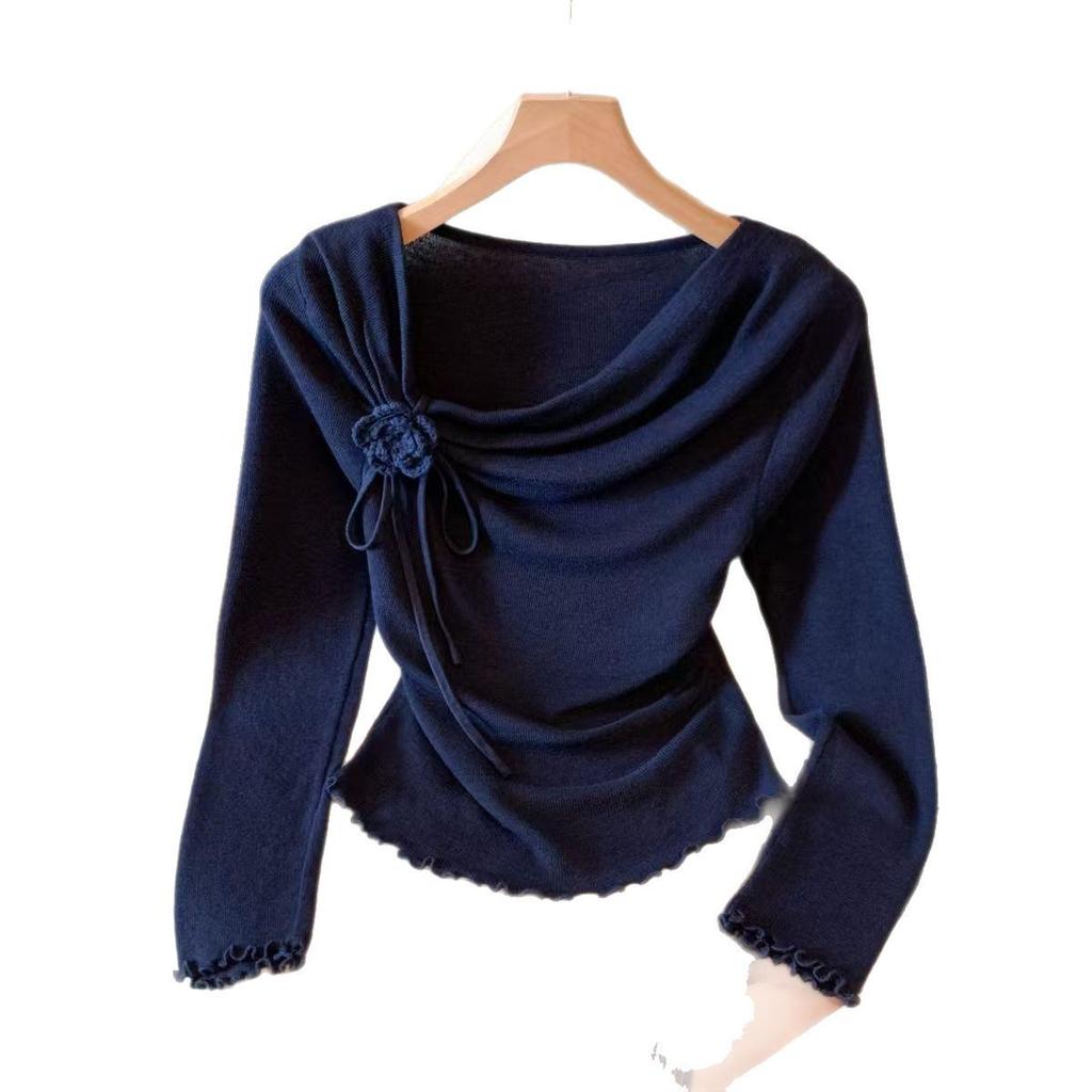 Elegant 3D Floral Lace-Up Knit Top for Women - Autumn/Winter 2025, Slimming Fit with Ruffled Collar