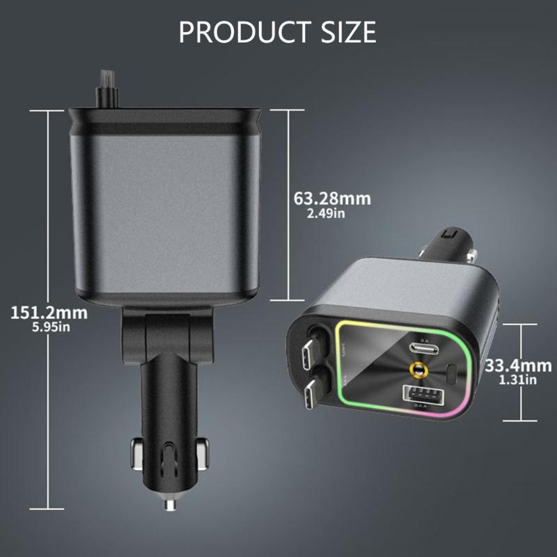 4 in 1 Car Charging Adapter Retractable Phone Fast Car Chargers with Type-C Cord USB & USB C Port Ambient Light