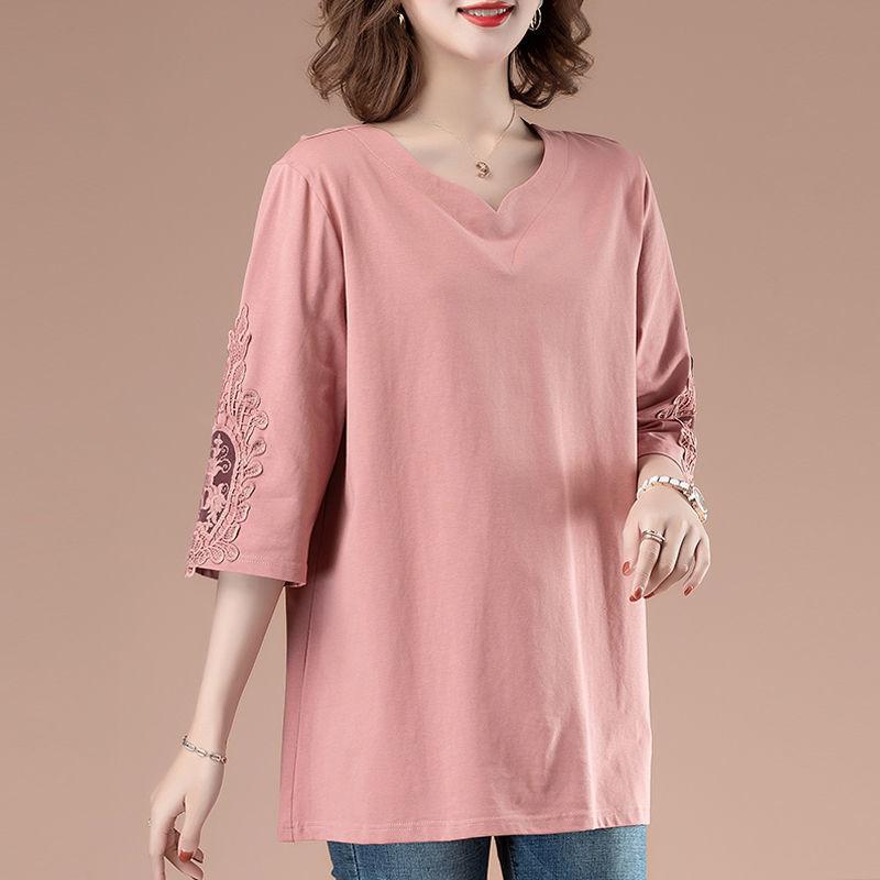 Summer Women's Plus Size T-Shirt Loose Three-Quarter Sleeve VT Shirt Solid Color Top