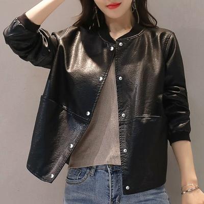 PU Leather Jackets Women Long Sleeve Baseball Jacket Female Solid Single Breasted Casual Faux Leather Coats