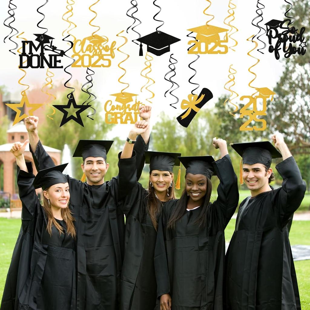 20Pcs Gold Black Graduation Hanging Swirl Decor, Class of 2025 Hanging Decorations, I’m Done, Congrats Grad, 2025 Happy Graduation Party