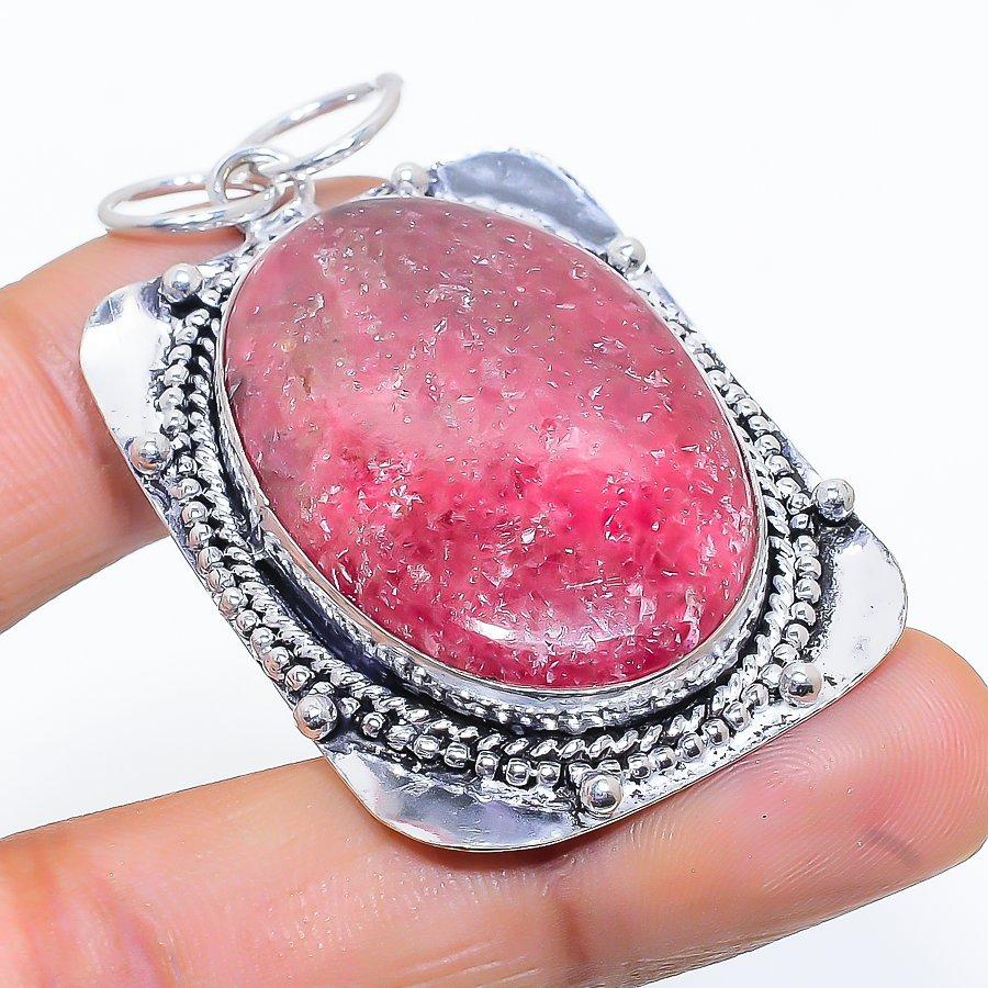 Natural Rhodonite Gemstone Handmade 925 Sterling Silver Pendant 2.17" d7J74