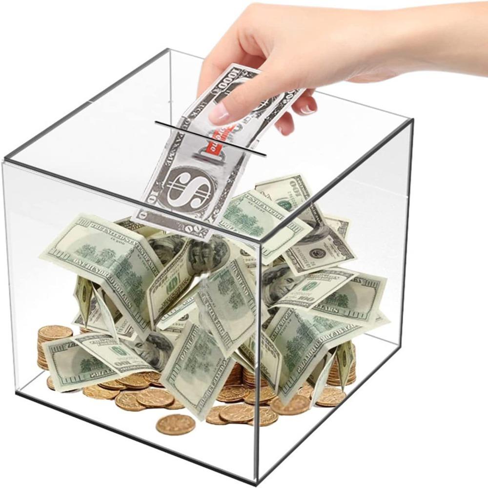 Durable Transparent Cannot Be Opened Birthday Gift Coins Container Money Saving Box Cube Piggy Bank