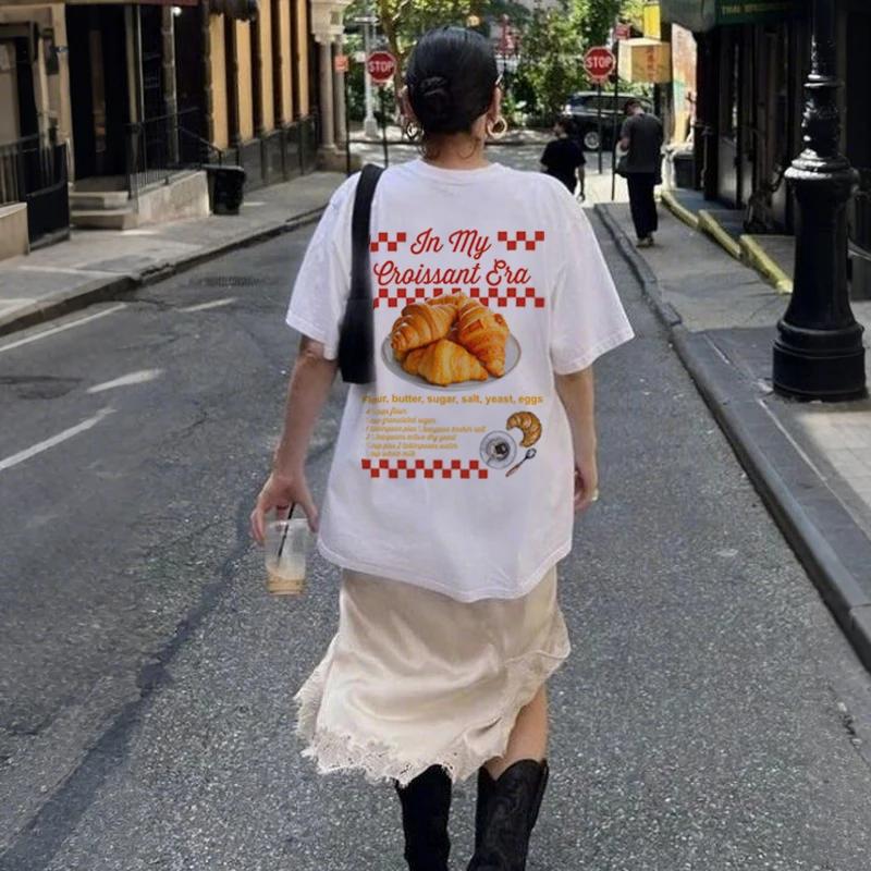 Oversized Back Print Croissant Coffee T Shirt Y2k Retro Streetwear Graphic Tees Cute Bread Lover Shirt Women Aesthetic Clothing
