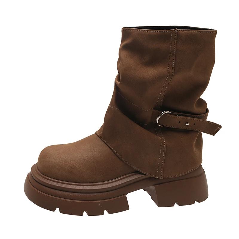 Fashion Women Boots Middle Follow Thick Sole Anti-slip Waterproof Platform Retro Upgraded Round Head Fang Hei Shoes Botas Mujer