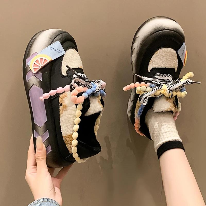 Fashion Designer Cute Kawaii Dad Shoes for Women Girls Platform Vulcanized Shoes Ladies Colorful Round Head Casual Fur Warm Shoes Winter