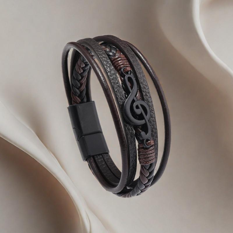 Stainless Steel Musical Note Bracelet for Men, Multi-layer Leather Woven Magnetic Clasp, Retro Style Wristband