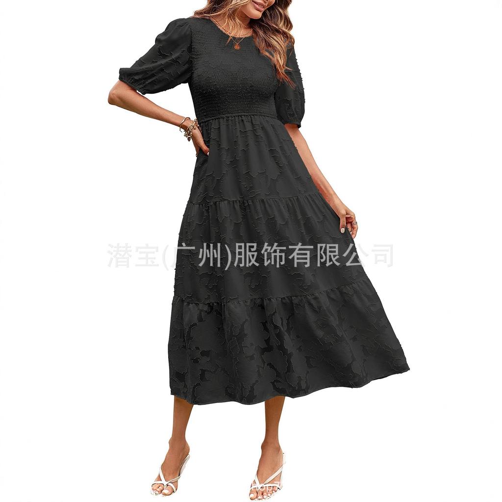Spot new European and American women's clothing lace short sleeves front and rear collection waist crew neck dress women