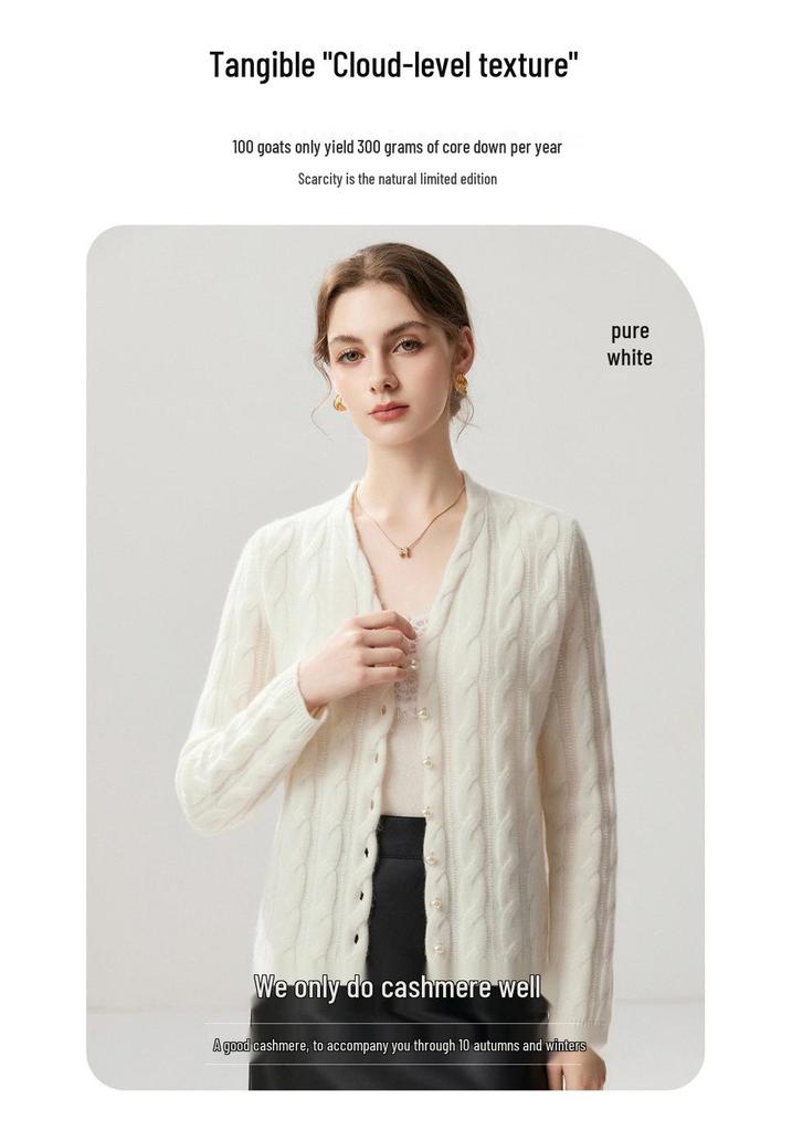 Lekasha Cashmere V-Neck Pearl Button Cable Knit Sweater Coat for Autumn and Winter