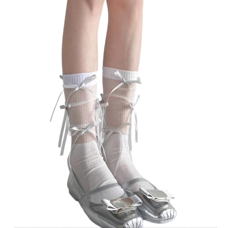 Japanischer Stil Schimmerndes Netz Spleißende Gerippte Über die Wade Socken für Damen Mädchen Niedliche Schleife Schleifenknoten Lange Strümpfe