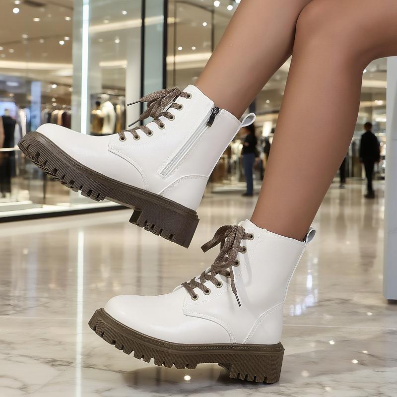 Winter New Martin Boots Women's Medium Heel Fashion Large Size Short Tube Lace-up Short Boots Women