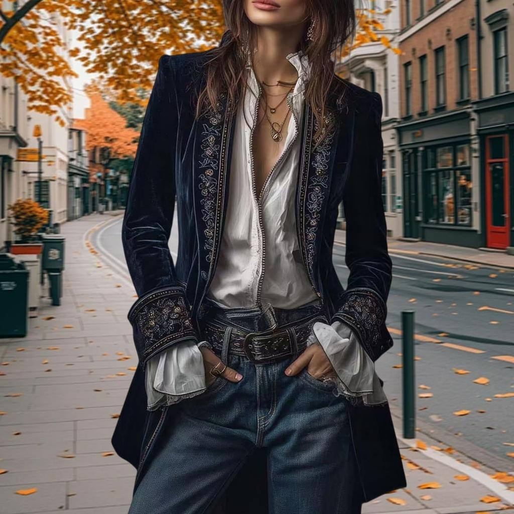 Women's Velvet Vintage Long-sleeved Cardigan with A Casual Opening and Mid-length Coat