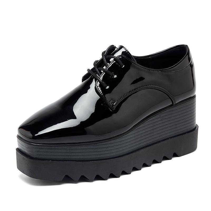 Versatile Platform Muffin Shoes 2025 Autumn British Style Square Head Patent Leather Wedge Single Women's Leisure  HZB