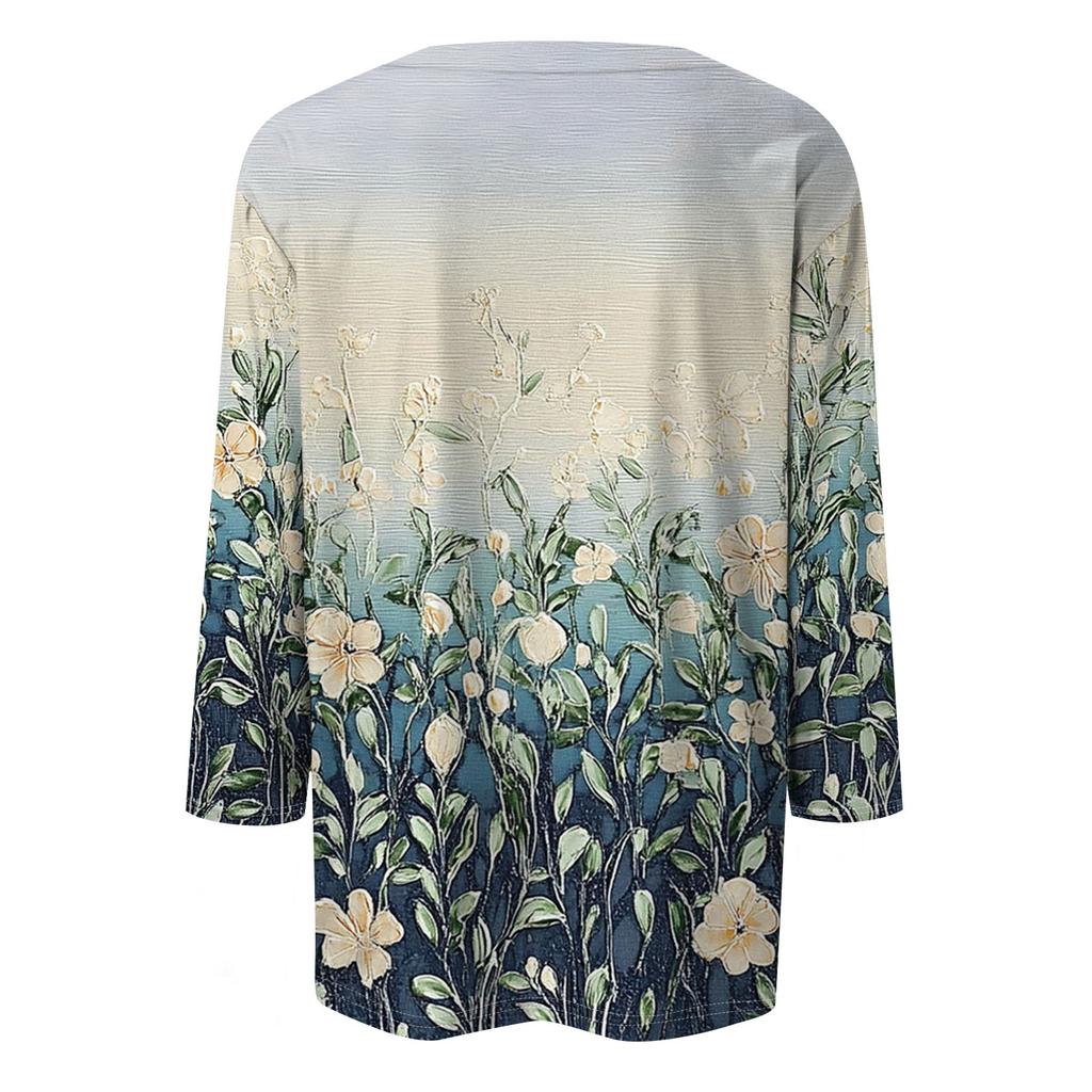 Women's Fashionable Casual Three Quarter Sleeve Printed Collar Pullover Top